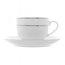 Xicara Para Chá 220ML Com Pires E Borda Prateada Mônaco Em Porcelana Branco